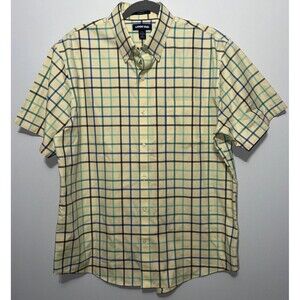 LANDS' END Plaid Traditional Fit No Iron Twill Short Sleeve Button Down Size L